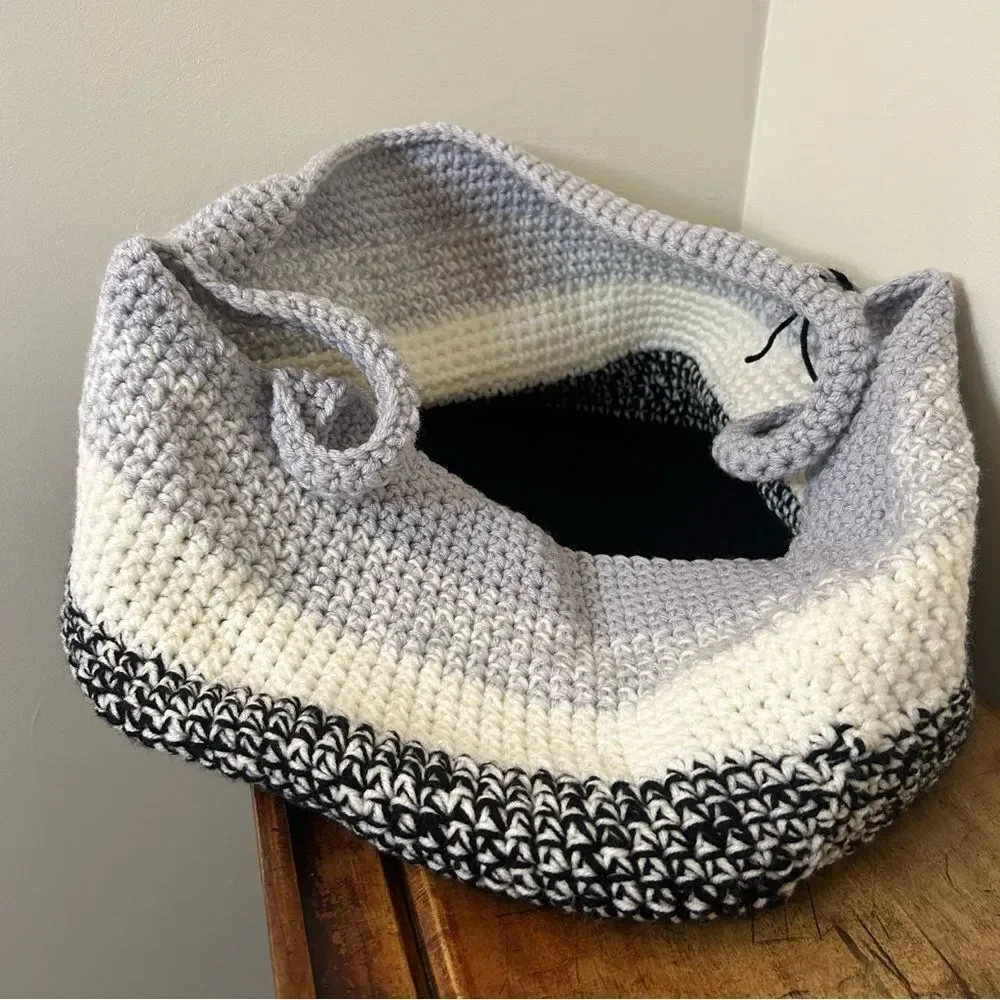 Large Homemade Hand Knit Soft Tote Basket Toy Storage Black Cream Gray Crochet